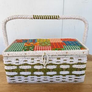Vintage Pincushion Singer Woven Wicker Sewing Basket Patchwork Fabric Lid Japan